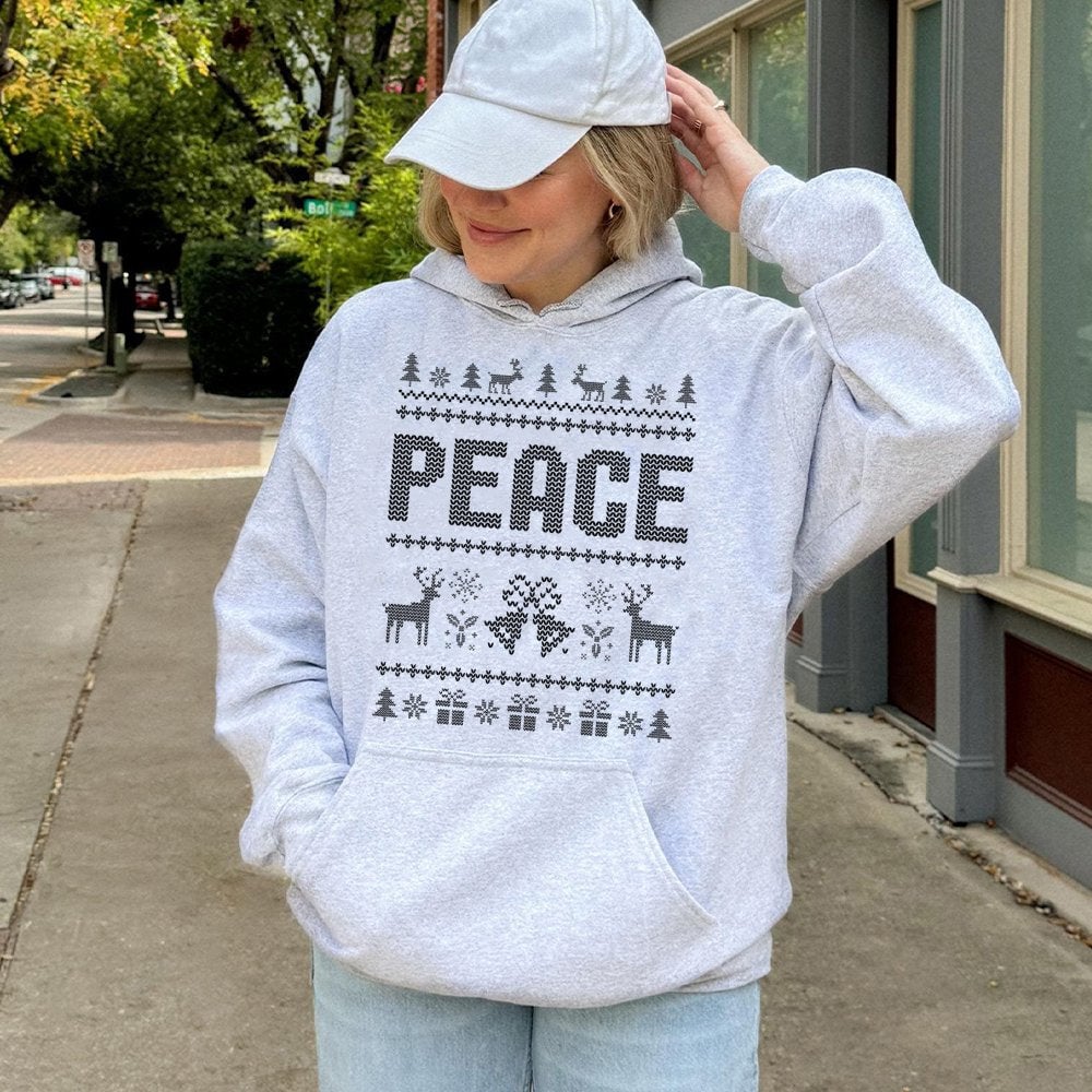 Reindeer Snowflake Pattern Sweatshirt, Peace Ugly Christmas Hoodie, Retro Holiday Fair Isle Pullover, Comfy Xmas Hooded Sweat