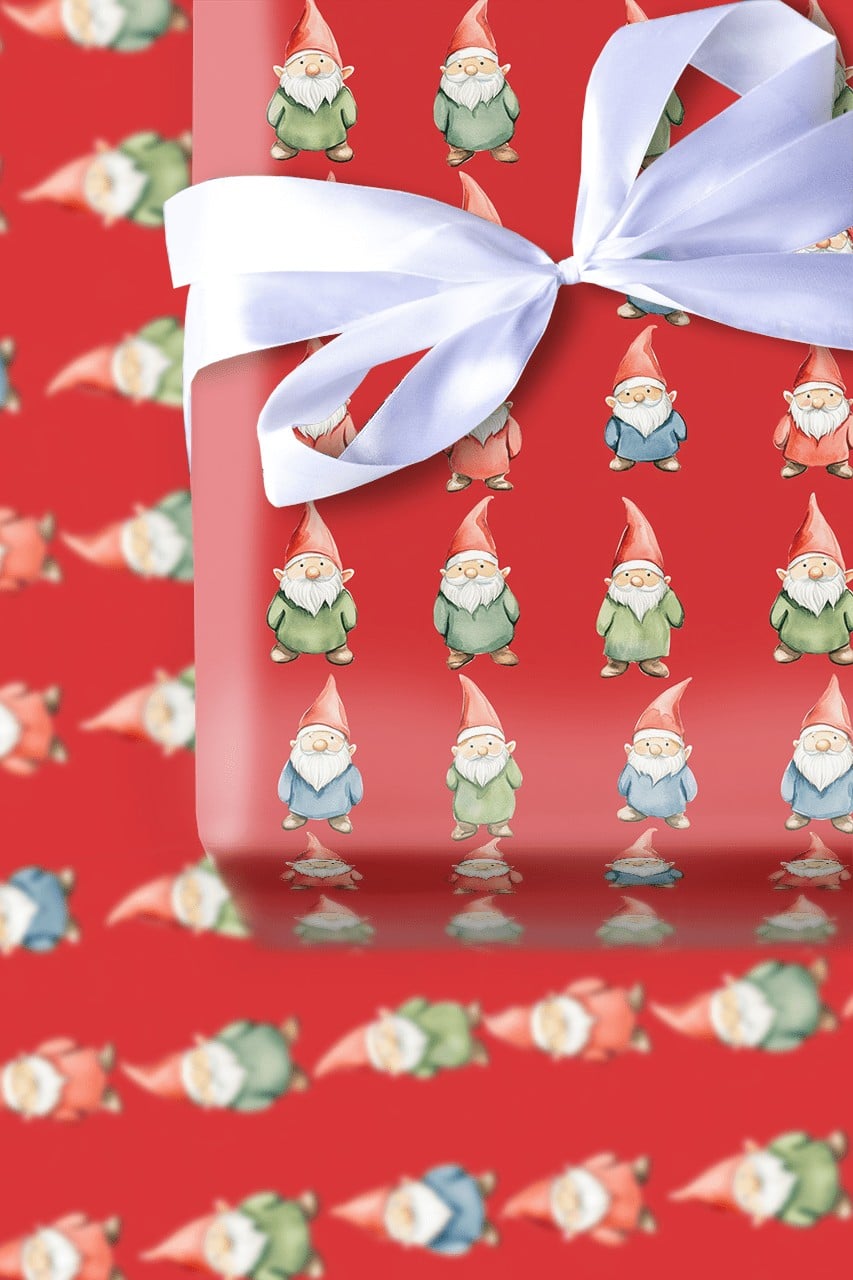 Watercolor Scandinavian Gift Wrap Roll, Red Christmas Gnome Wrapping Paper, Whimsical Holiday Present Paper, Nordic Winter Gi