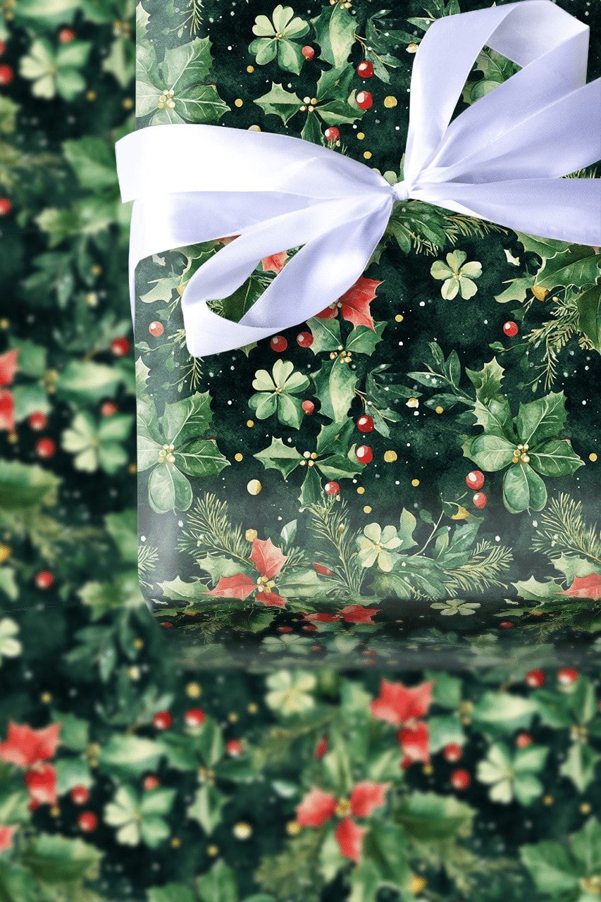Pine Holly Christmas Gift Wrap, Watercolor Poinsettia Wrapping Paper, Botanical Winter Wrapping Paper, Traditional Holiday Wr