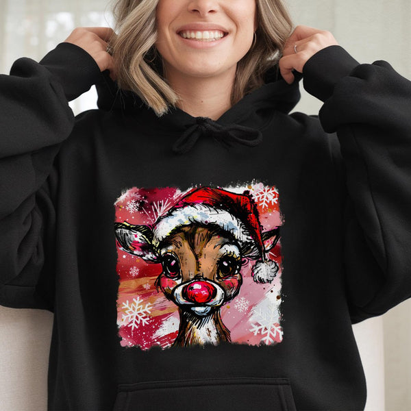 Watercolor Holiday Deer Sweatshirt, Adorable Reindeer Christmas Hoodie, Festive Winter Reindeer Hoodie, Comfy Animal Pullover