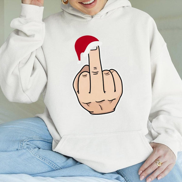 Humorous Christmas Sarcastic Sweatshirt, Middle Finger Santa Hat Hoodie, Rude Holiday Humor Pullover, Sassy Xmas Hooded Sweat