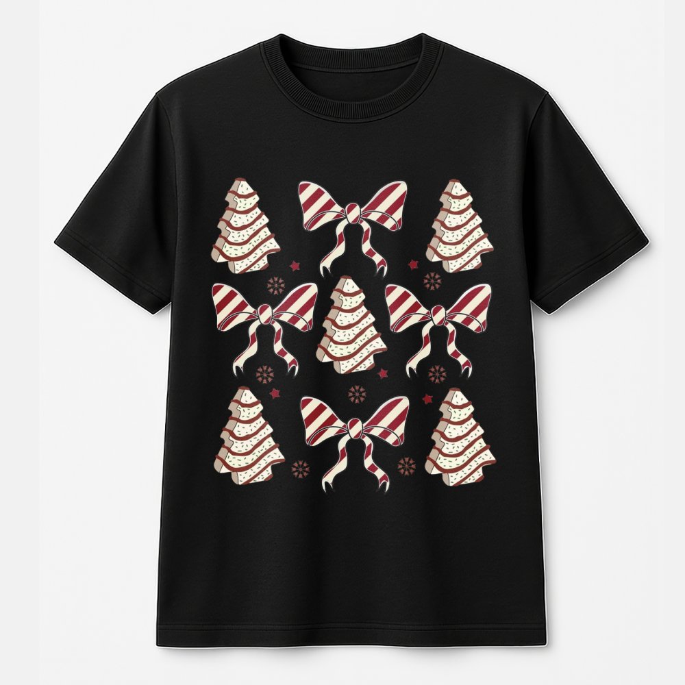 Retro Coquette Bow Graphic Tee, Christmas Tree Cake T-Shirt, Adorable Holiday Tree Cake Shirt, Vintage Pastel Xmas Snack Tee,