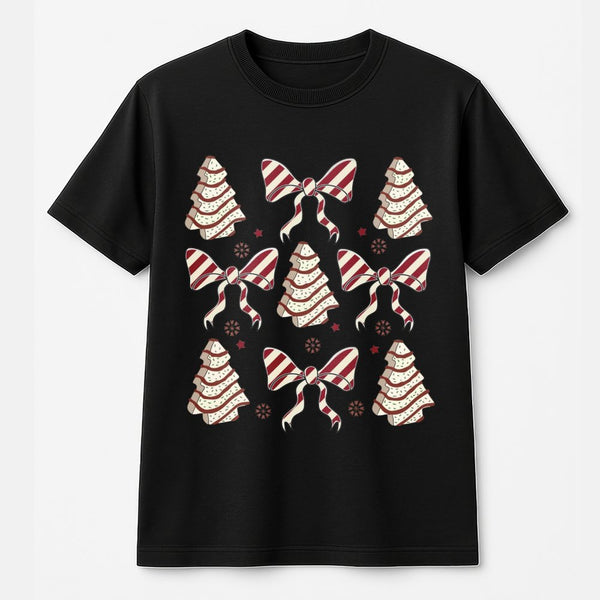 Retro Coquette Bow Graphic Tee, Christmas Tree Cake T-Shirt, Adorable Holiday Tree Cake Shirt, Vintage Pastel Xmas Snack Tee,