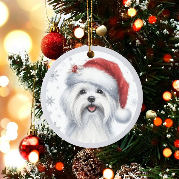 Adorable Santa Hat Puppy Ornament, Maltese Dog Christmas Ornament, Ceramic Holiday Tree Ornament, Round Dog Lover Keepsake, F