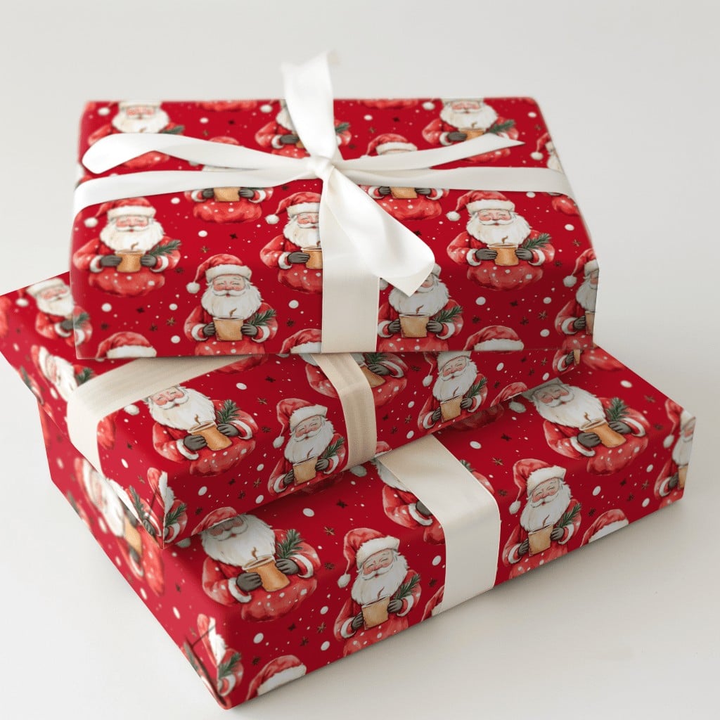 Red Cocoa Santa Claus Gift Wrap, Adorable Santa Christmas Wrapping Paper, Snowflake Holiday Wrapping Paper, Retro Xmas Gift W