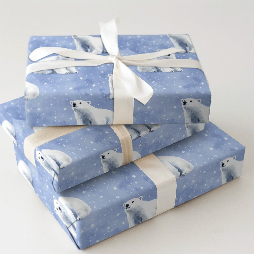 Snowy Night Polar Bear Gift Wrap, Polar Bear Christmas Wrapping Paper, Winter Wildlife Wrapping Paper, Holiday Present Wrappi