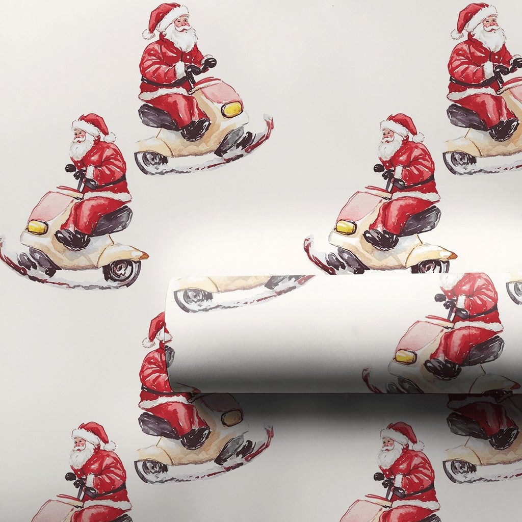 Watercolor Santa Scooter Gift Wrap, Santa Riding Scooter Wrapping Paper, Whimsical Christmas Wrapping Paper, Holiday Present 