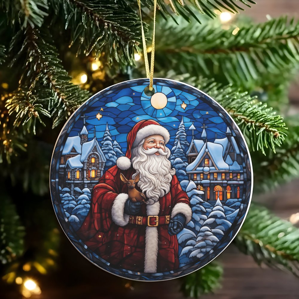 Snowy Village Christmas Ornament, Stained Glass Santa Ornament, Ceramic Santa Claus Decor, Winter Holiday Ornament, Family Ke