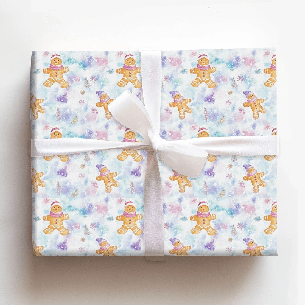Pastel Winter Holiday Gift Wrap, Watercolor Gingerbread Man Wrapping Paper, Whimsical Christmas Wrapping Paper, Snowy Forest 