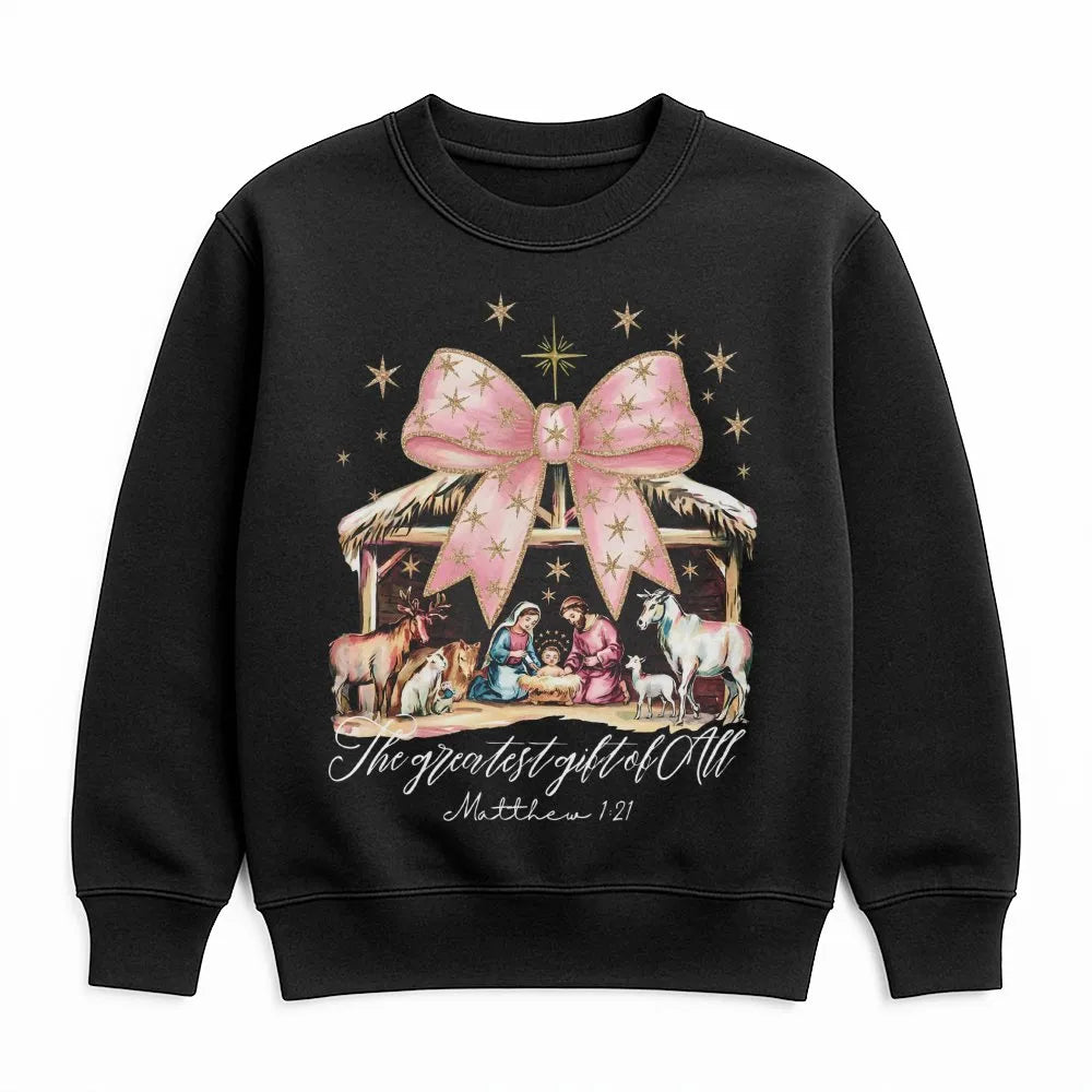 Coquette Pink Bow Manger Sweatshirt, Nativity Christmas Sweatshirt, Adorable Christian Holiday Crewneck, Religious Faith Grap