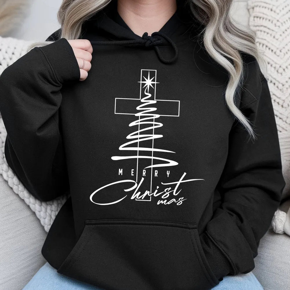 Christian Christmas Tree Hoodie, Merry Christmas Cross Hoodie, Religious Faith Holiday Hoodie, Winter Pullover Sweatshirt, Fa