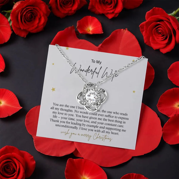 Sparkling CZ Crystal Pendant, Wife Love Knot Necklace, White or Yellow Gold Finish, Heartfelt Christmas Present, Rotating Ros