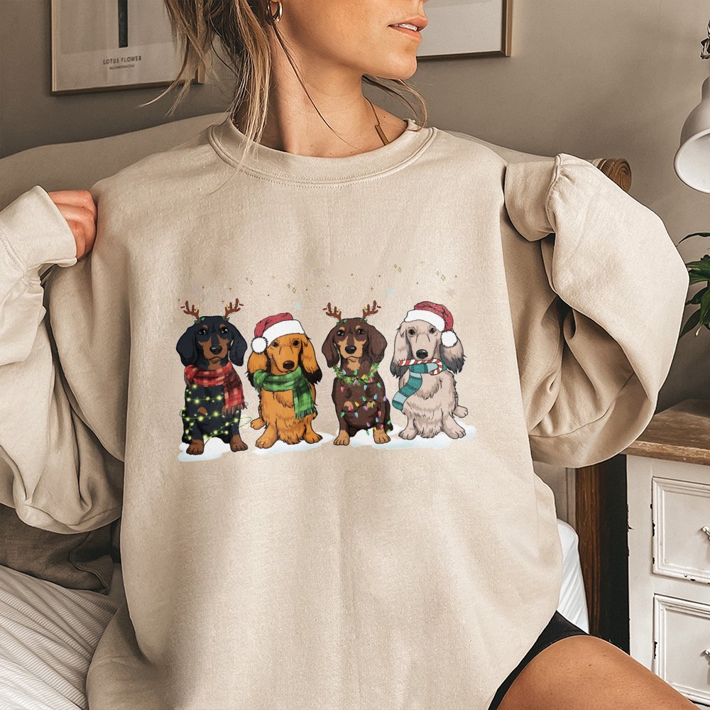 Adorable Festive Dog Holiday Sweater, Dachshund Christmas Sweatshirt, Wiener Dog Xmas Crewneck, Dachshund Lover Sweatshirt, D
