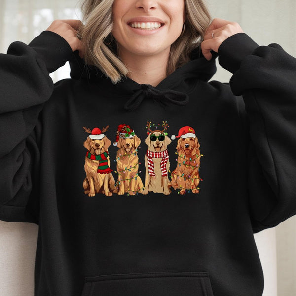 Festive Holiday Dogs Santa Hat Hooded Sweatshirt, Golden Retriever Christmas Hoodie, Adorable Xmas Pup Pullover, Dog Mom Wint