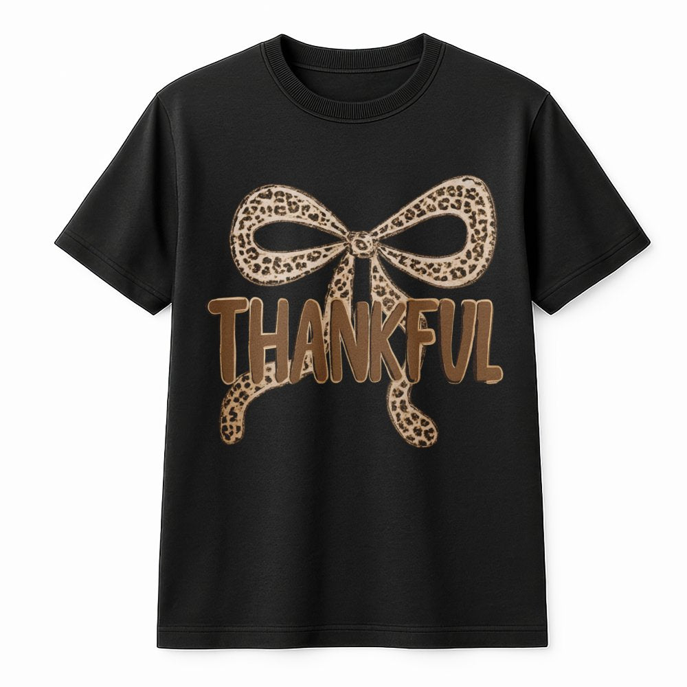 Thankful T-Shirt | Leopard Print Bow Design | 100% Soft Cotton | Thanksgiving Fall Gift for Women