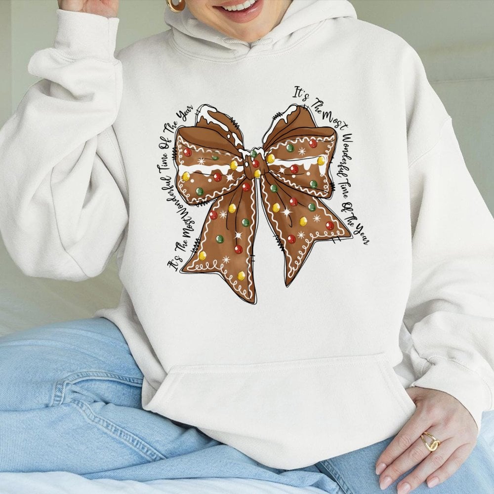 Coquette Gingerbread Hoodie, Gingerbread Bow Christmas Hoodie, Adorable Holiday Aesthetic Sweatshirt, Pastel Xmas Pullover, C