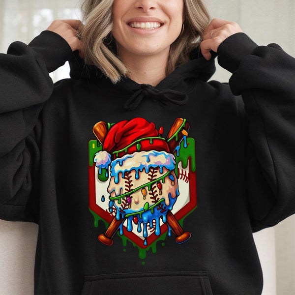 Christmas Baseball Hoodie, Santa Hat Drip Baseball Hoodie, Holiday Baseball Fan Sweatshirt, Winter Sports Hooded Sweatshirt, 