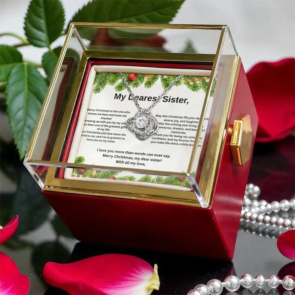 Christmas Sister Jewelry Present, Sister Love Knot Necklace, CZ Crystal Pendant Necklace, Rotating Rose Box Sister Present, L