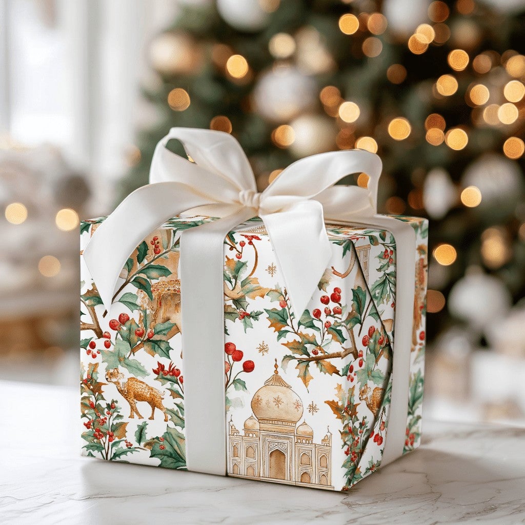 Indian Holiday Gift Wrap, Taj Mahal Christmas Wrapping Paper, Watercolor Elephant Camel Gift Wrap Roll, Multicultural Xmas Wr