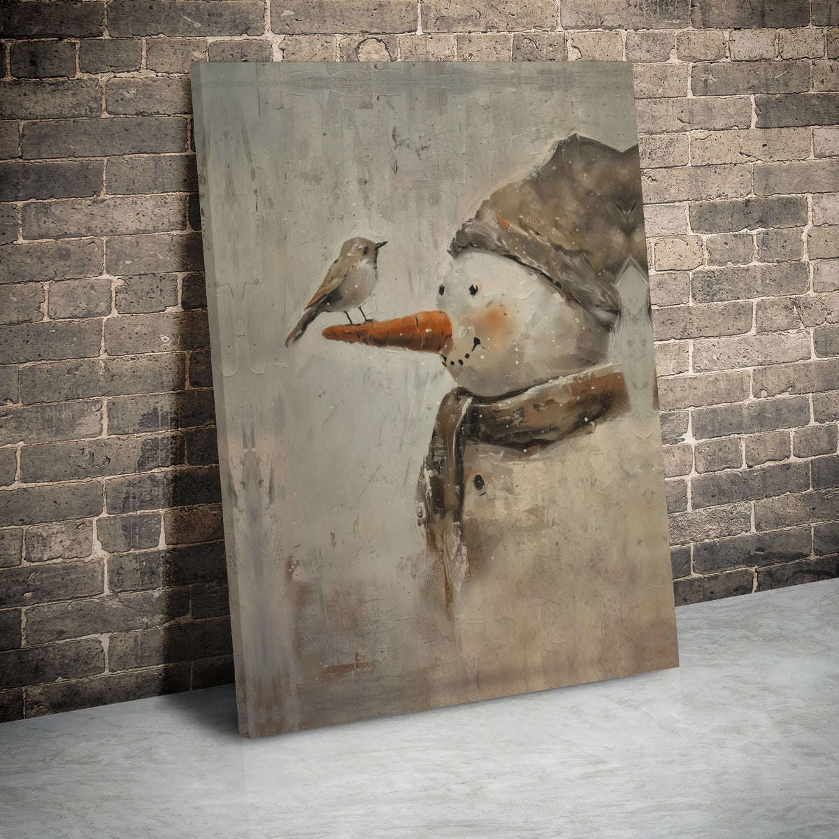 Painterly Winter Bird Carrot Nose Canvas Print, Snowman with Bird Canvas Wall Art, Christmas Holiday Decor, Festive Home Wall