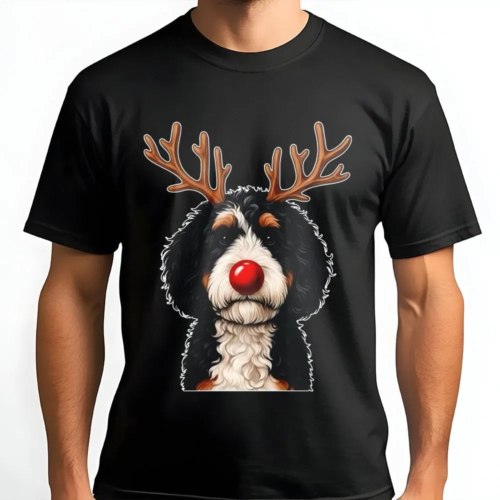 Reindeer Antlers Puppy Dog Graphic Tee, Bernedoodle Christmas T-Shirt, Doodle Pet Holiday Shirt, Adorable Dog Mom Winter Seas