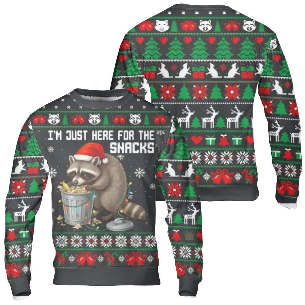 Here for the Snacks Holiday Sweater, Raccoon Christmas Sweatshirt, Humorous Animal Ugly Xmas Crewneck, Adorable Wildlife Pull