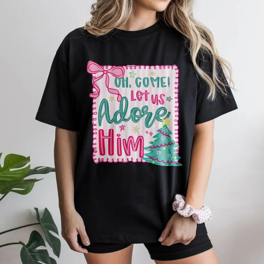 Pink Coquette Christmas Tree Tee, Oh Come Let Us Adore Him T-Shirt, Christian Holiday Graphic Shirt, Faith Aesthetic Scriptur