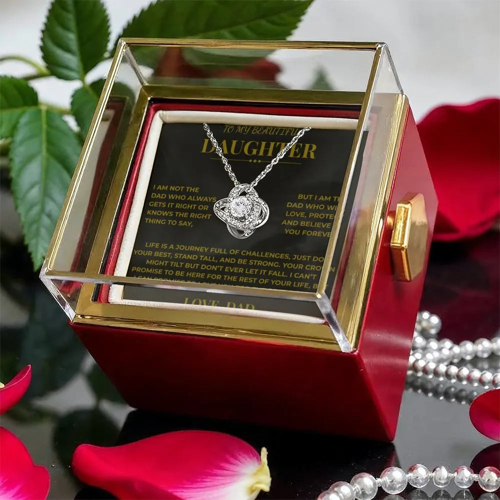 Sentimental Message Card Knot Necklace, Daughter Love Knot Necklace from Dad, CZ Crystal Pendant Necklace, Birthday Christmas
