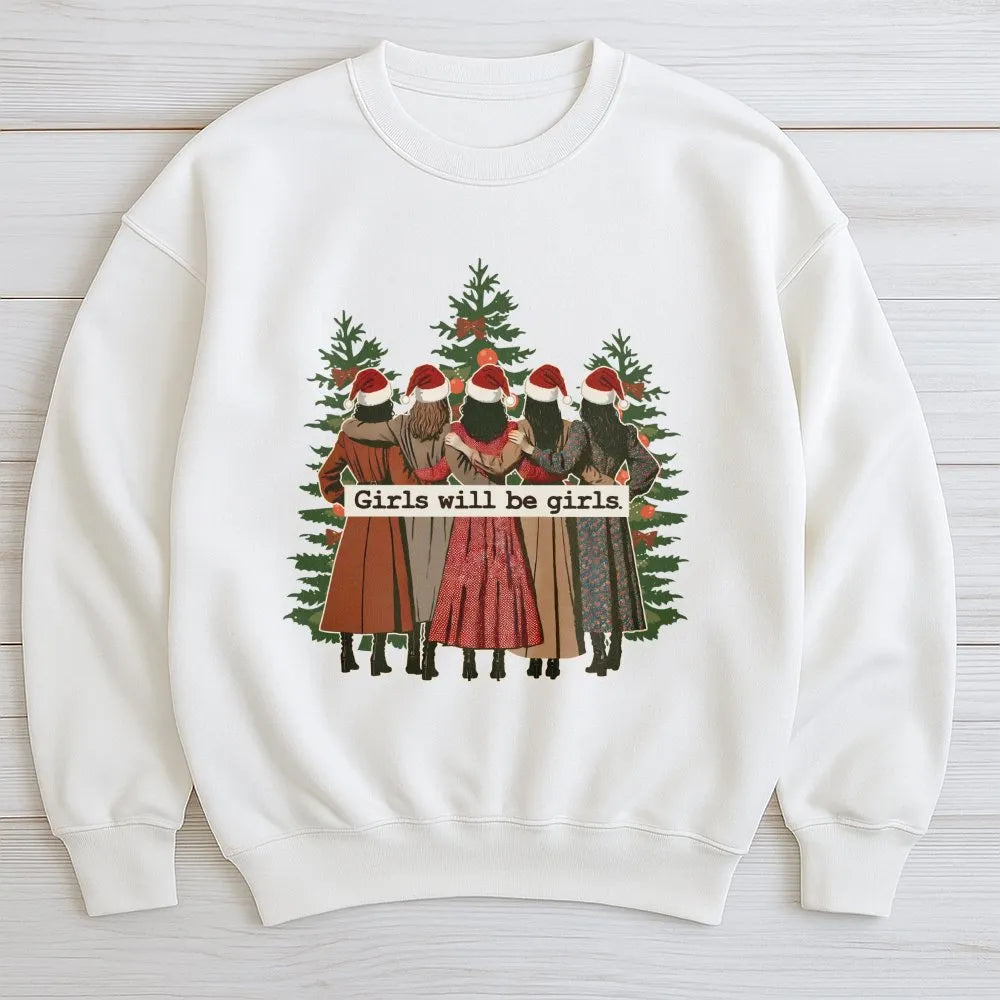 Retro Christmas Tree Sweatshirt, Girls Will Be Girls Sweatshirt, Feminist Holiday Sweatshirt, Adorable Xmas Tree Crewneck, Be