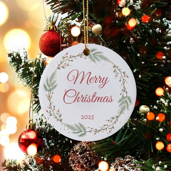 Festive Holiday Wreath Christmas Ornament, Merry Christmas 2025 Ceramic Ornament, Seasonal Tree Decor, New Year Keepsake Orna