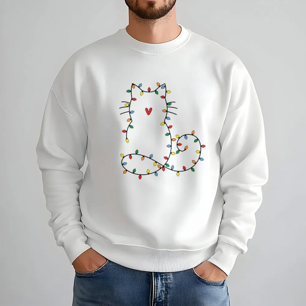 Festive Kitten Holiday Crewneck, Cat Christmas Lights Sweatshirt, Adorable Pet Lover Winter Sweater, Comfy Xmas Party Present