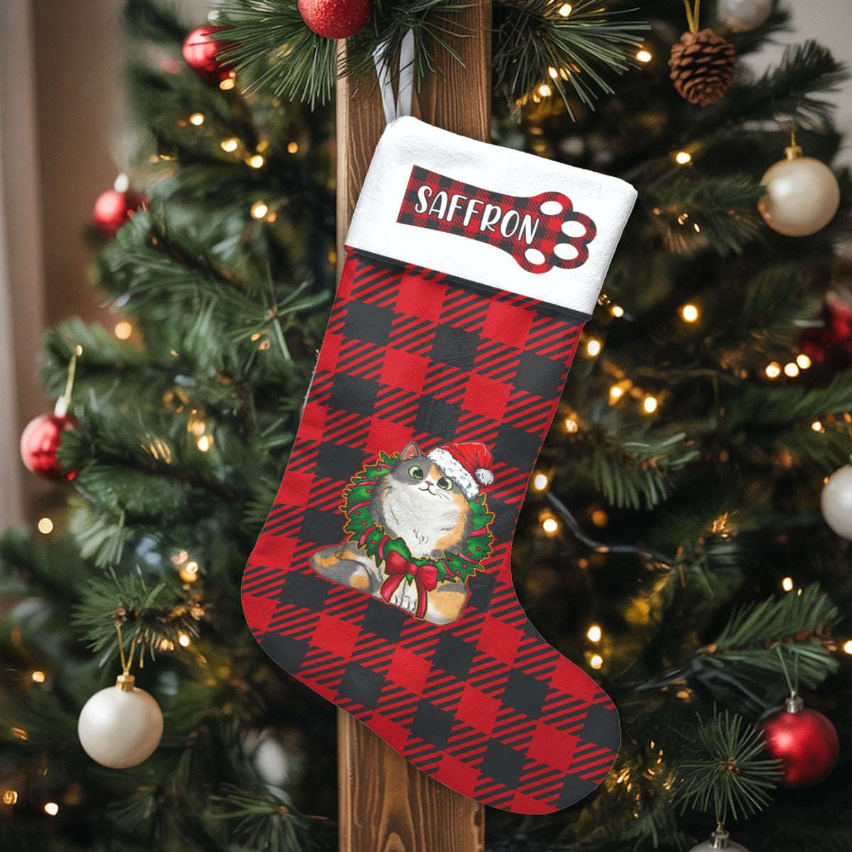 Calico Kitty Santa Hat Stocking, Personalized Cat Christmas Stocking, Custom Pet Christmas Stocking, Velboa Holiday Decor for