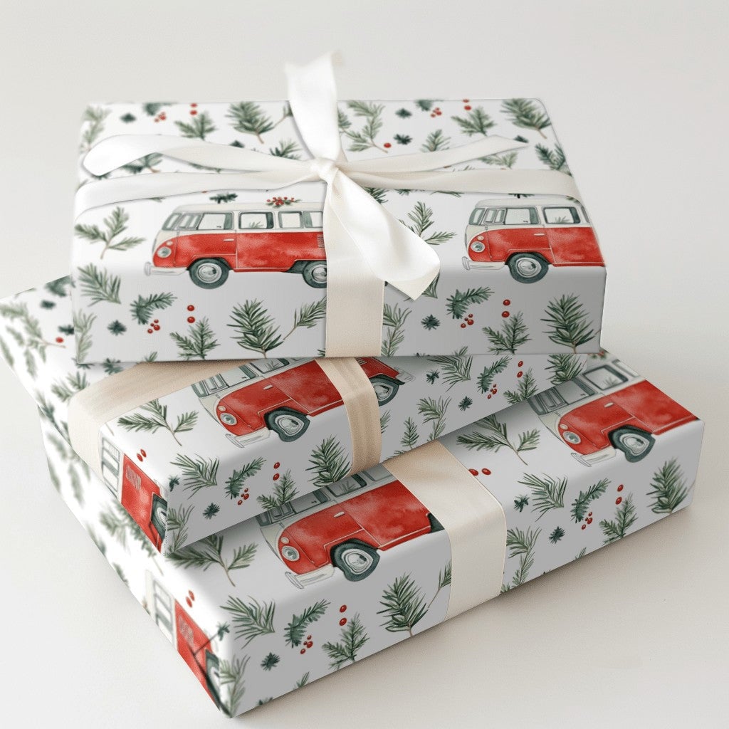 Retro Camper Van Gift Wrap, Vintage Red Camper Wrapping Paper, Christmas Camper Holiday Paper Roll, Winter Greenery Gift Wrap