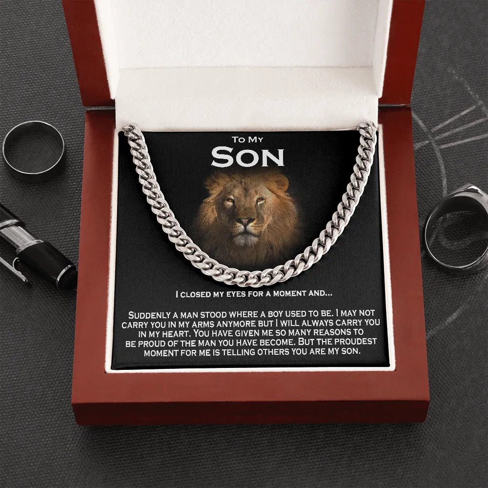 Lion Message Card Cuban Link Chain, To My Son Cuban Link Necklace, Son Cuban Link Necklace, Stainless Steel Jewelry, Christma