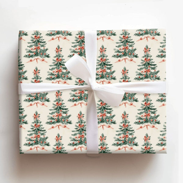 Watercolor Tree Gift Wrapping Paper, Vintage Christmas Tree Wrapping Paper, Red Bow Holiday Gift Wrap, Retro Xmas Paper, Part