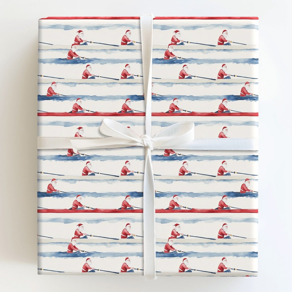 Crew Rower Scull Holiday Gift Wrap, Rowing Santa Wrapping Paper, Watercolor Sports Santa Paper, Christmas Regatta Wrapping Pa