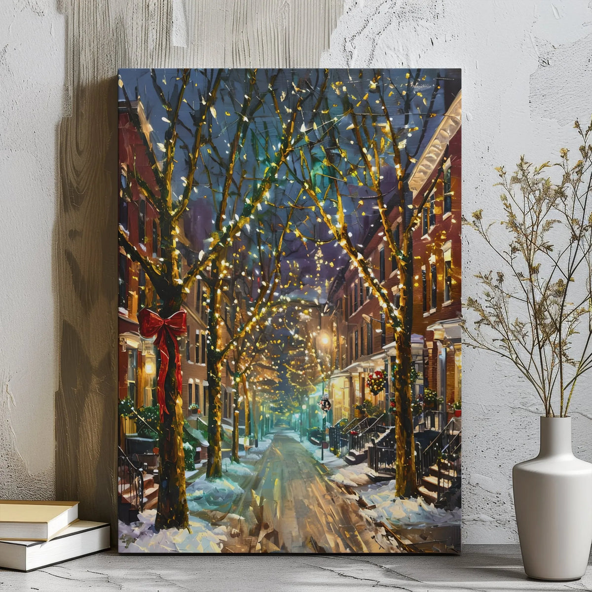 Winter Night Cityscape Wall Art, Christmas Street Digital Download, Festive Snowy Street Scene Poster, Holiday Home Printable