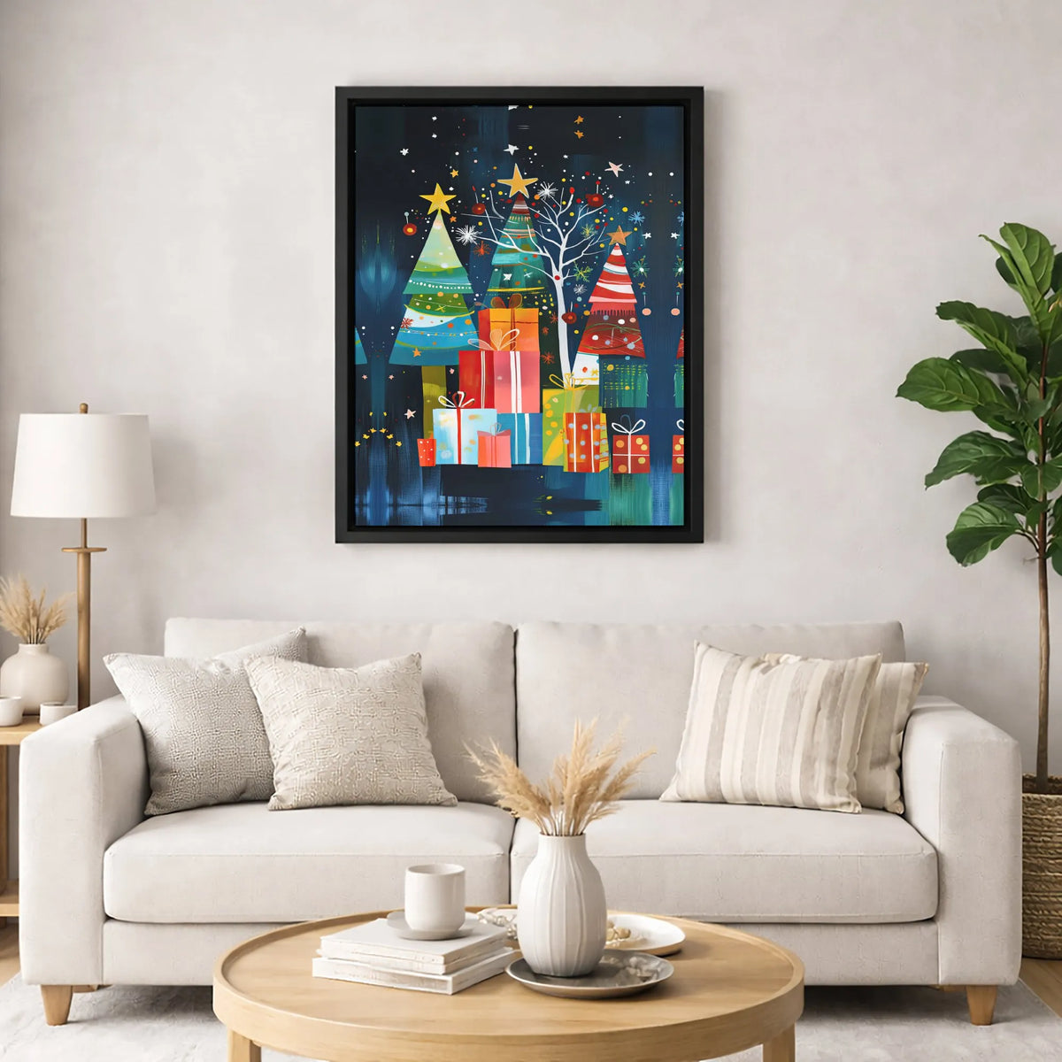 Colorful Holiday Gift Boxes Art, Abstract Christmas Tree Wall Art Print, Canvas Art Digital Download, Festive Holiday Home De