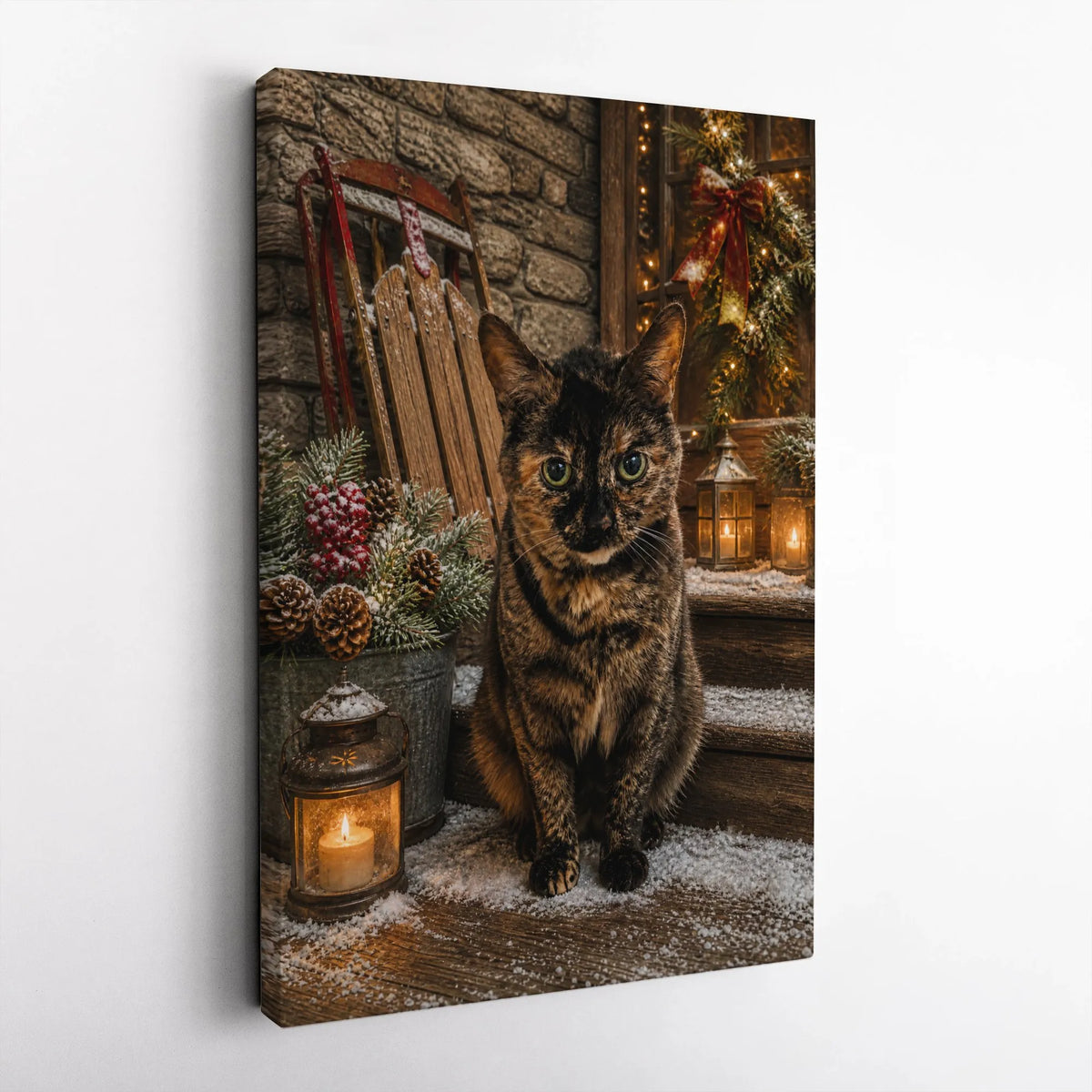 Tortoiseshell Cat Holiday Wall Art, Christmas Cat Canvas Print, Comfy Winter Cat Canvas, Rustic Christmas Porch Wall Decor, C