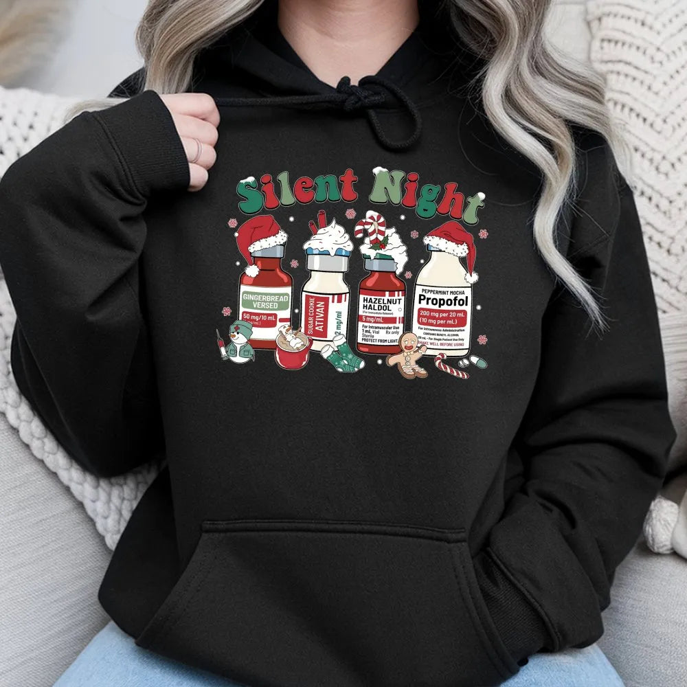 Humorous Medical Christmas Sweatshirt, Silent Night Nurse Hoodie, Adorable ICU Nurse Holiday Hoodie, Healthcare Worker Hooded