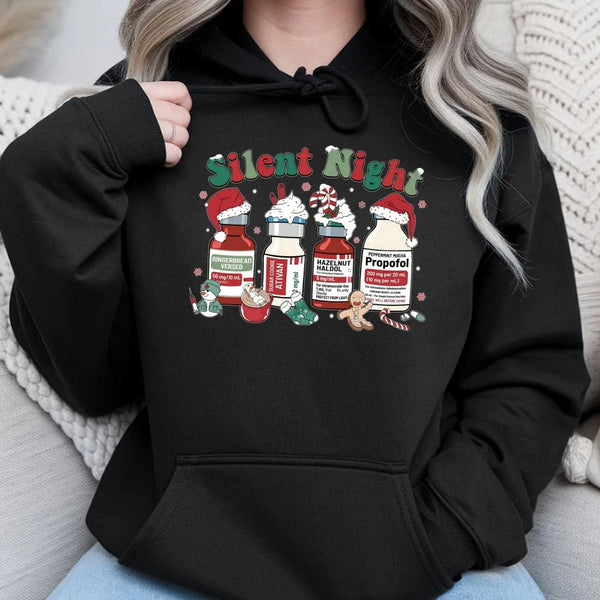 Humorous Medical Christmas Sweatshirt, Silent Night Nurse Hoodie, Adorable ICU Nurse Holiday Hoodie, Healthcare Worker Hooded