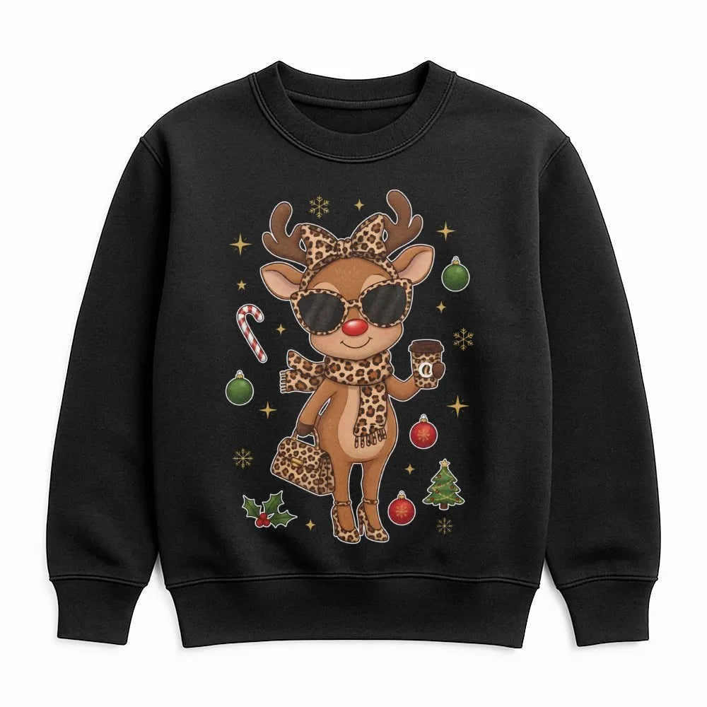 Leopard Print Reindeer Sweatshirt, Boujee Reindeer Sweatshirt, Christmas Deer Holiday Crewneck, Adorable Winter Pullover Rein