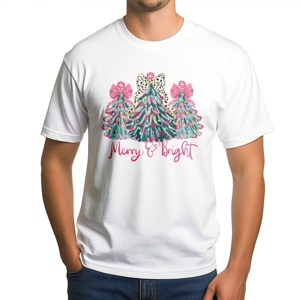 Leopard Print Tree Shirt, Merry and Bright Christmas T-Shirt, Colorful Holiday Graphic Tee, Festive Winter Xmas T-Shirt, Pres