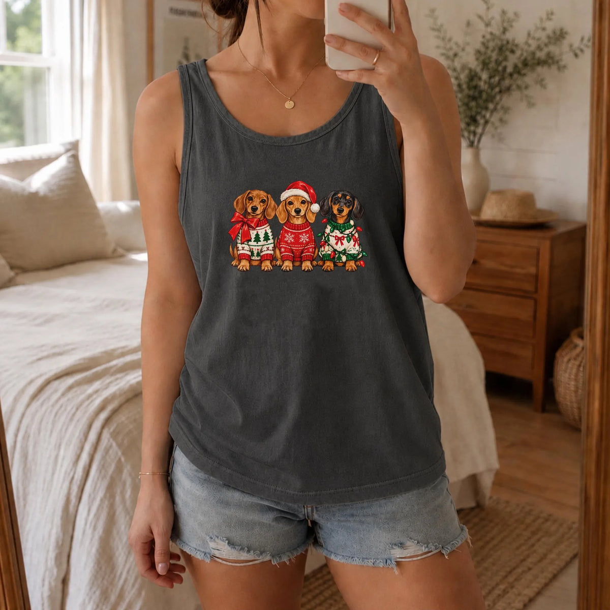 Wiener Dog Christmas Tank, Christmas Dachshund Tank Top, Retro Holiday Dachshund Sleeveless Tee, Adorable Dog Lover Xmas Pres