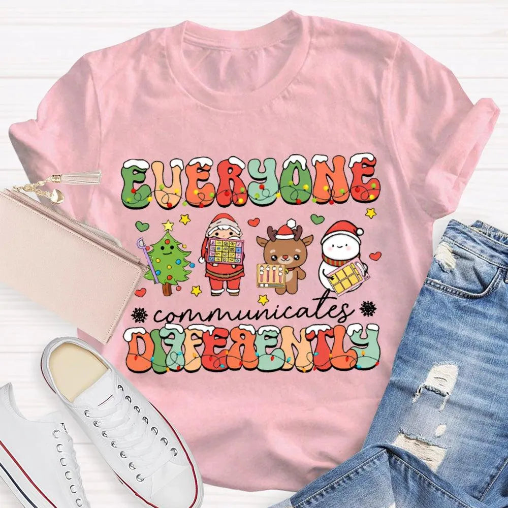 Festive Lights Neurodiversity Tee, Everyone Communicates Differently Christmas Shirt, SPED Teacher Holiday T-Shirt, ASL Xmas 