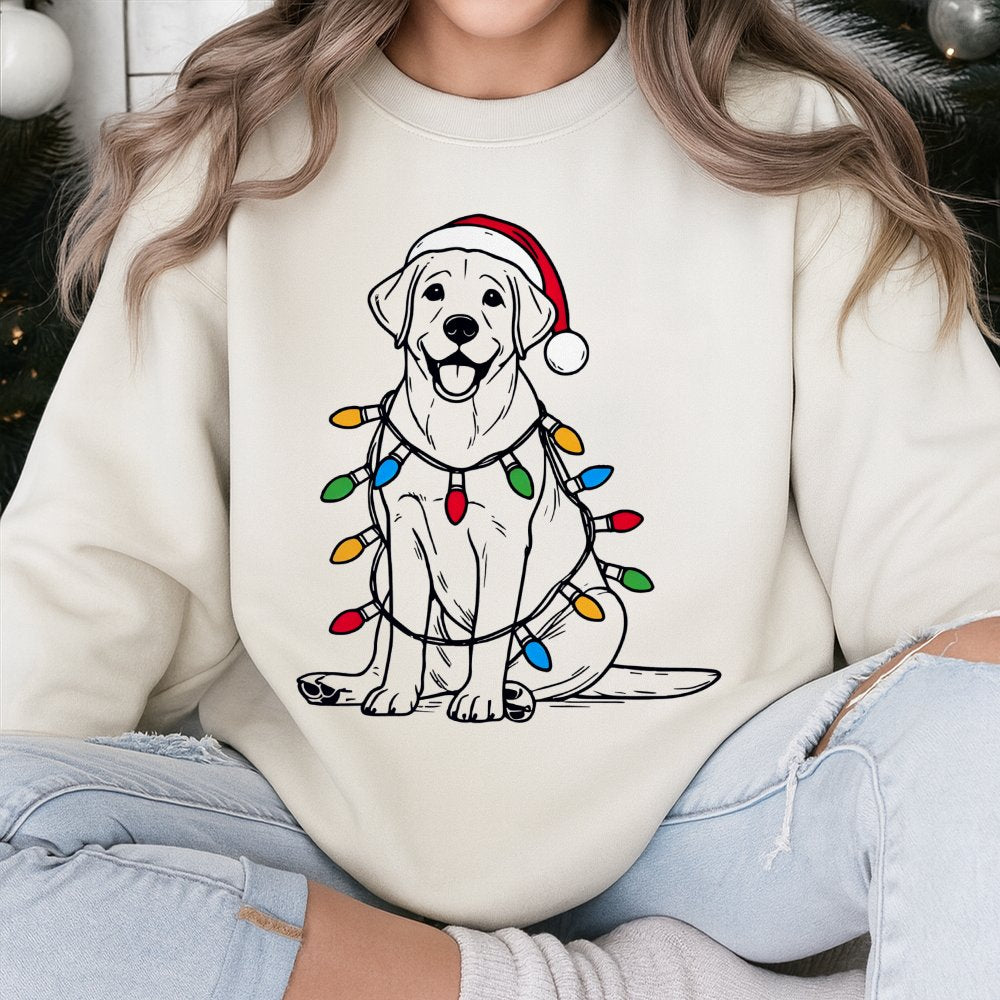 Santa Hat Dog Fairy Lights Sweater, Labrador Christmas Sweatshirt, Festive Lab Holiday Crewneck, Comfy Dog Lover Winter Pullo