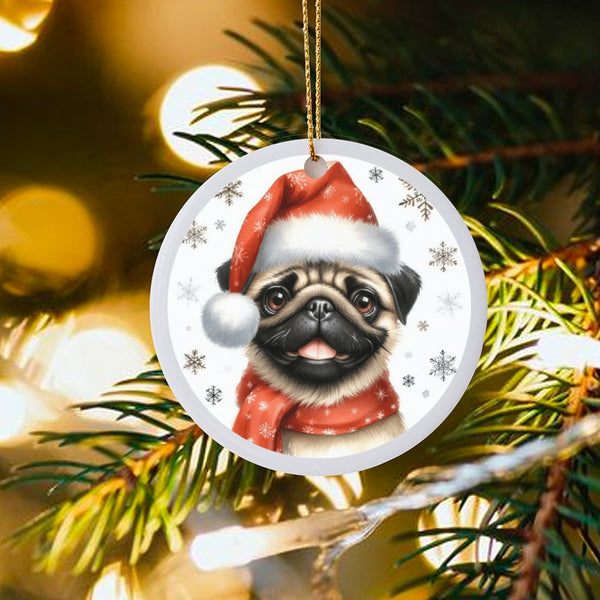 Santa Hat Pug Dog Ornament, Pug Christmas Ornament, Ceramic Pet Holiday Ornament, Adorable Puppy Tree Decor, Dog Lover Christ