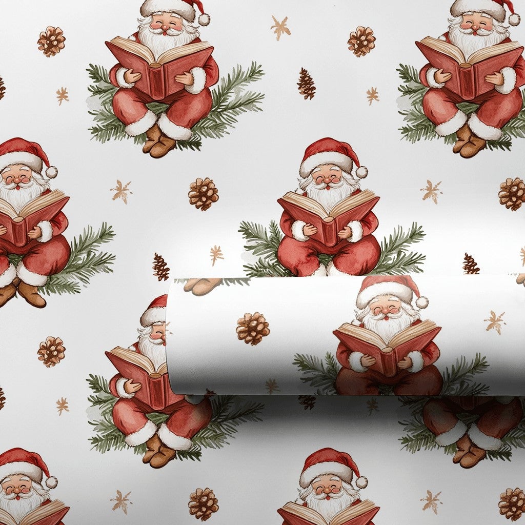 Book Lover Christmas Gift Wrap, Reading Santa Wrapping Paper, Vintage Watercolor Wrapping Paper, Pinecone Holiday Gift Wrap R