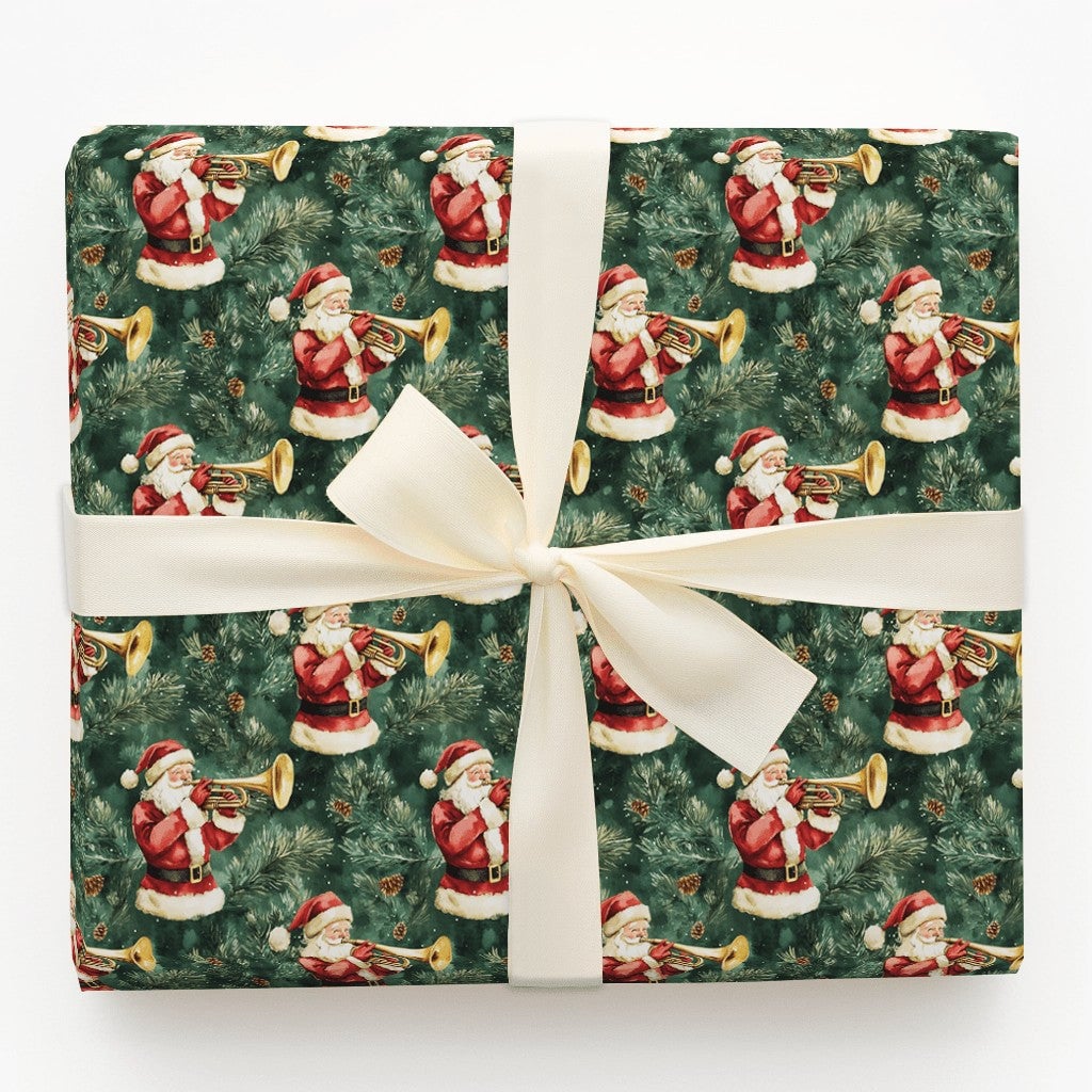 Musical Christmas Gift Wrap, Vintage Santa Trumpet Wrapping Paper, Pine Branch Holiday Present Paper, Dark Green Xmas Gift Wr