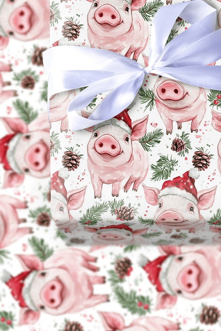 Adorable Watercolor Piglet Gift Wrap, Santa Hat Pig Wrapping Paper, Festive Animal Christmas Wrapping Paper, Whimsical Holida